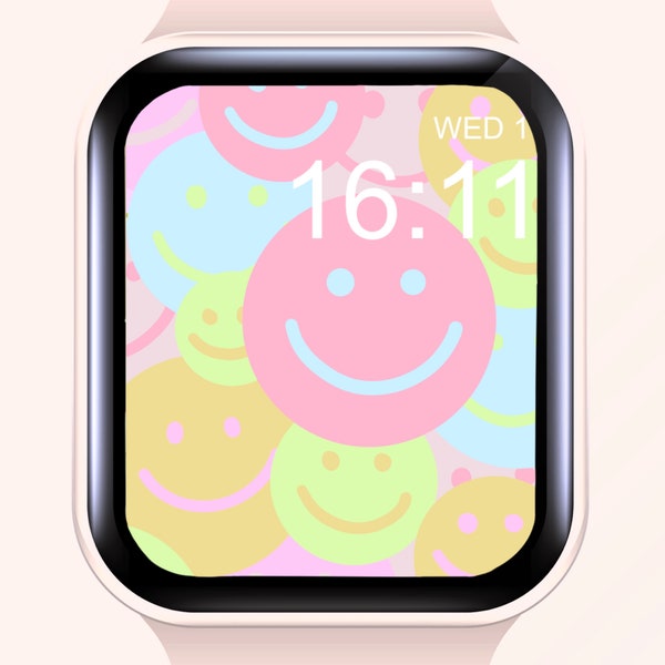 Smiley faces colourful retro rainbow smartwatch apple wallpaper,bright trippy Watch Face,cute pastel aesthetic screensaver,digital watch art