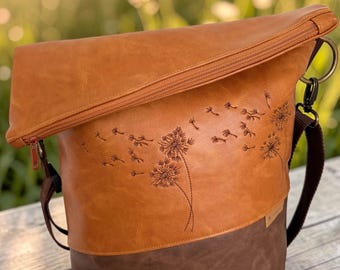 Dandelion Crossbody Bag Handmade – Cognac & Dark Brown Vintage Bag, Embroidered Faux Leather Shoulder Bag