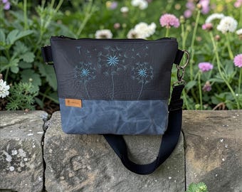 Crossbody bag with dandelion embroidery, handmade crossbody bag, floral shoulder bag, boho bag, blue
