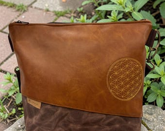 Boho Brown Crossbody Bag, Vintage Women's Crossbody, Canvas Faux Leather Bag, Flower of Life, Shoulder Bag Gift for Her