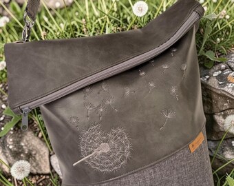 Dandelion Shoulder Bag Handmade – Grey, Vintage Bag, Embroidered Faux Leather Shoulder Bag