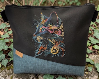 Cat Shoulder Bag Black Petrol – Embroidered Cat Faux Leather Bag – Gift for Cat Lovers