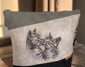 Handmade faux leather shoulder bag – cat embroidery – vintage marble – unique gift for her