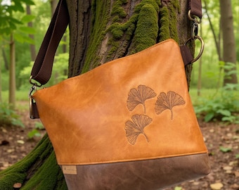 Medium-sized bag, Ginkgo vintage faux leather, cognac