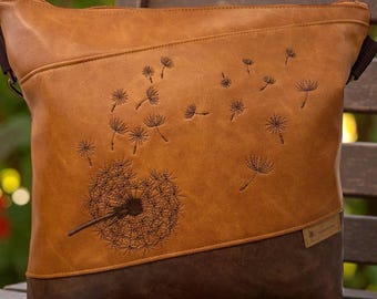 Boho shoulder bag for women – vintage faux leather cognac brown with dandelions, gift idea for women