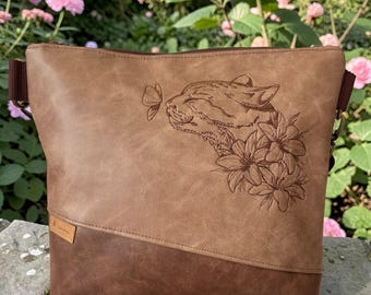 Brown Faux Leather Bag | Embroidered Cat Shoulder Bag | Vintage Handbag for Women | Gift for Cat Lovers