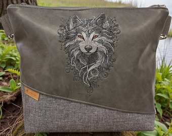 Women's Grey Crossbody Bag – Vintage Faux Leather with Wolf Embroidery | Natural Boho Shoulder Bag