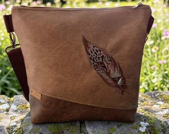 Leopard Feather Crossbody Bag | Handmade Vintage Faux Leather Bag | Brown Shoulder Bag with Embroidery | Unique Piece