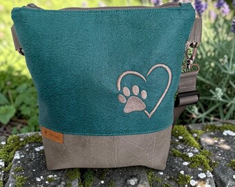 Handmade shoulder bag with paw print heart – Small dog lover bag made of faux leather in turquoise & grey