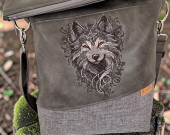 Women's Grey Crossbody Bag – Vintage Faux Leather with Wolf Embroidery | Natural Boho Shoulder Bag