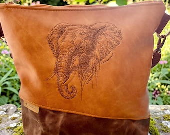 Handmade Elephant Bag – Vintage Crossbody Bag made of cognac faux leather & waxed canvas