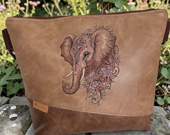 Elephant embroidered shoulder bag | Handmade vintage boho faux leather bag | Brown shoulder bag | Unique gift