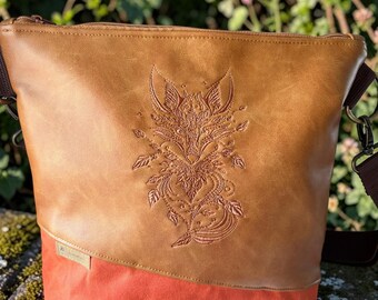 Women's shoulder bag with fox embroidery – vintage cognac faux leather – orange waxed canvas – boho forest bag