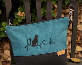 Handmade faux leather cat bag – shoulder bag in petrol & black – gift for cat lovers