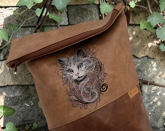Cat Crossbody Bag Handmade – Vintage Bag in Beige Brown with Cat Embroidery, Shoulder Bag made of Faux Leather