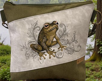 Handmade shoulder bag with frog embroidery – faux leather bag, light grey moss green – crossbody bag, gift, nature