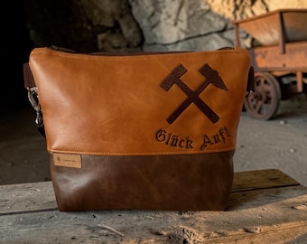 Handmade "Glück Auf" shoulder bag – Small shoulder bag made of vintage faux leather in cognac and dark brown | Mining gift
