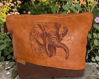 Handmade Elephant Bag – Vintage Crossbody Bag made of cognac faux leather & waxed canvas