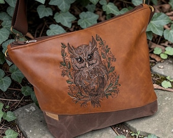Embroidered owl shoulder bag for women, vintage faux leather bag, waxed canvas, handmade shoulder bag, boho forest motif