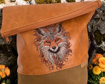 Women's shoulder bag with fox embroidery – vintage cognac faux leather – camel waxed canvas – boho forest bag