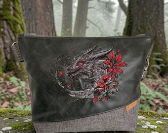 Dragon-themed faux leather bag | Handmade fantasy shoulder bag | Dragon embroidery | Vintage gray faux leather | Gift for dragon fans