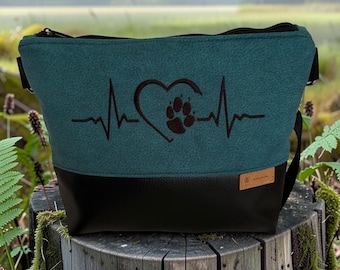 Handmade faux leather paw bag – shoulder bag in petrol & black – gift for animal lovers