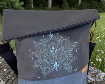 Blue shoulder bag with lotus blossom – Handmade bag made of embossed faux leather & waxed canvas, embroidered crossbody bag