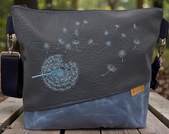 Women's Blue Crossbody Bag – Embossed Faux Leather & Waxed Canvas with Dandelion Embroidery | Boho Shoulder Bag