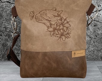 Cat-themed floral embroidered bag