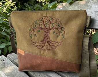 Handmade faux leather shoulder bag – moss green & vintage brown – Tree of Life embroidery
