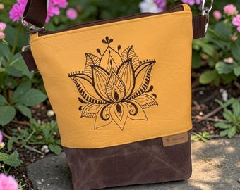 Lotus shoulder bag, handmade, embroidered crossbody bag, yellow faux leather, waxed canvas, boho bag, yoga gift