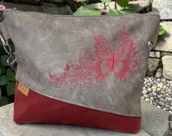 Gift for her | Embroidered butterfly bag | Faux leather grey burgundy | Women's vintage shoulder bag