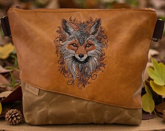 Women's shoulder bag with fox embroidery – vintage cognac faux leather – camel waxed canvas – boho forest bag