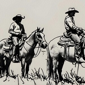 May include: Two cowboys on horseback riding through a field. The cowboys are wearing hats and are riding in the same direction. The horses are both brown and have long manes.