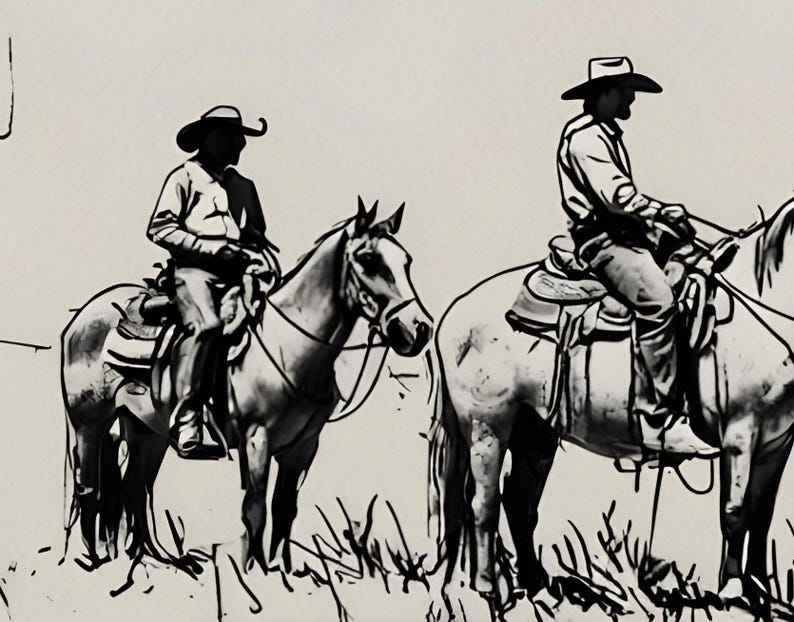 May include: Two cowboys on horseback riding through a field. The cowboys are wearing hats and are riding in the same direction. The horses are both brown and have long manes.