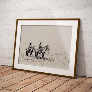May include: A black and white line drawing of two cowboys riding horses across a field. The drawing is framed in a brown frame.