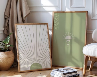 Set of 2 Boho Sun Wall Art Prints Sage Green Art Prints Wall Art Sage Green Wall Art Boho Home Decor Wall Art Mid Century Modern Prints