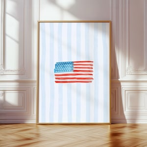 Patriotic American Flag Watercolor Print Coastal American Flag Print Trendy Art Print Blue 4th of July Printable Wall Art Digital Print Gift
