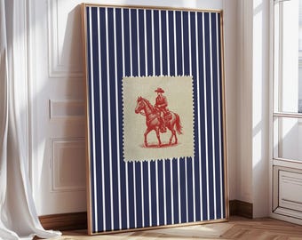 Vintage Western Cowboy Art Print Cowboy Wall Art Print Vintage Striped Cowboy Print Western Wall Art Prints Western Decor Navy Red Wall Art