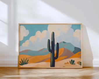 May include: A framed painting of a desert landscape with a tall, green cactus in the foreground. The sky is blue with white clouds and the desert is a mix of orange, brown, and green.