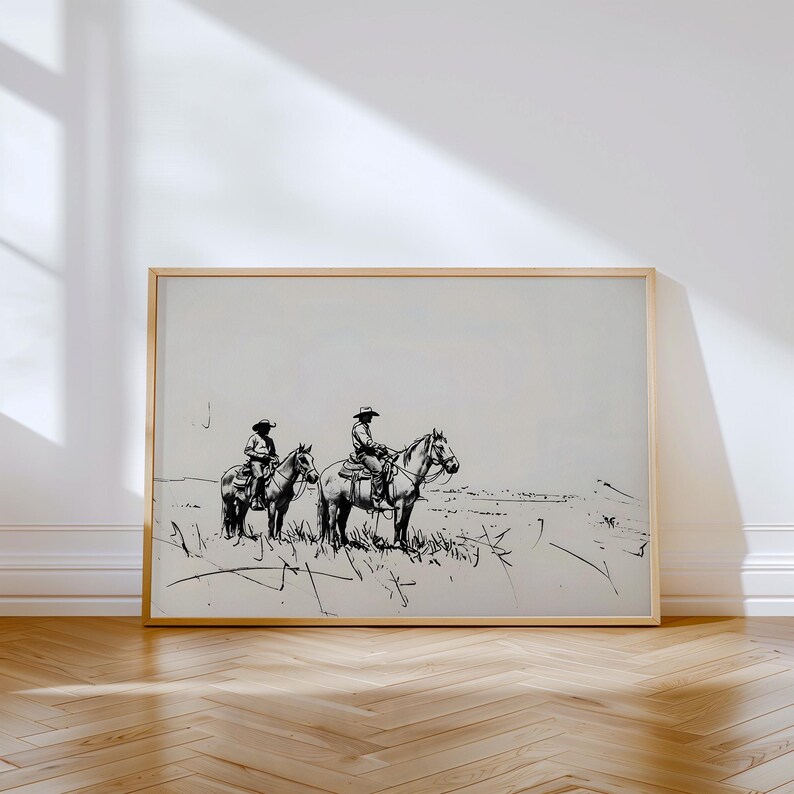 May include: Black and white line drawing of two cowboys on horseback riding through a field. The cowboys are wearing hats and are looking out at the horizon.