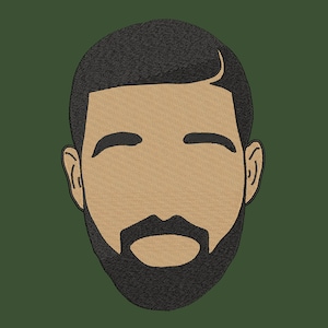 May include: A black and brown embroidered illustration of a person's face with a beard and short hair.