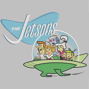 May include: The Jetsons family, including George, Jane, Judy, Elroy, and Astro, are flying in their spaceship. The spaceship is green and has a clear bubble-like dome. The text "THE JETSONS" is in a blue and white curved banner above the spaceship.