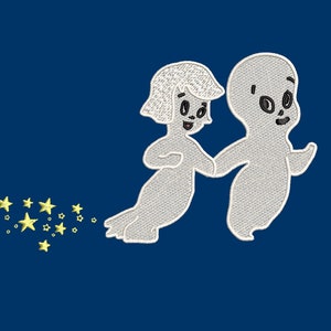 Könnte beinhalten: Zwei weiße Cartoon-Geister mit schwarzen Augen und Mündern, die sich an den Händen halten und gehen, mit einer Spur von gelben Sternen hinter ihnen auf einem dunkelblauen Hintergrund.