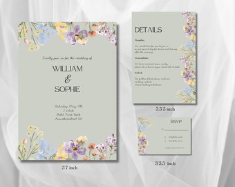 Elegant watercolor floral wedding invitation- Customizable digital Canva download.