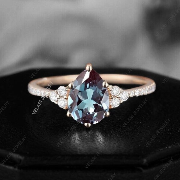Teardrop Alexandrite Ring- Sterling Silver Ring- Alexandrite Engagement Ring- Promise Ring Color Changing Stone June Birthstone Gift For Her