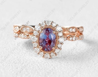 Anillo de Alejandrita - Anillo Vermeil de oro rosa de 14 quilates- Anillo de compromiso Anillo de promesa Piedra que cambia de color Regalo de aniversario de piedra natal de junio para ella