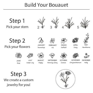 May include: A black and white illustration showing how to build a custom bouquet. The illustration shows different stem options and flowers for each month of the year. The text reads "Build Your Bouquet", "Step 1 Pick your stem", "Step 2 Pick your flowers", and "Step 3 We create a custom jewelry for you!"