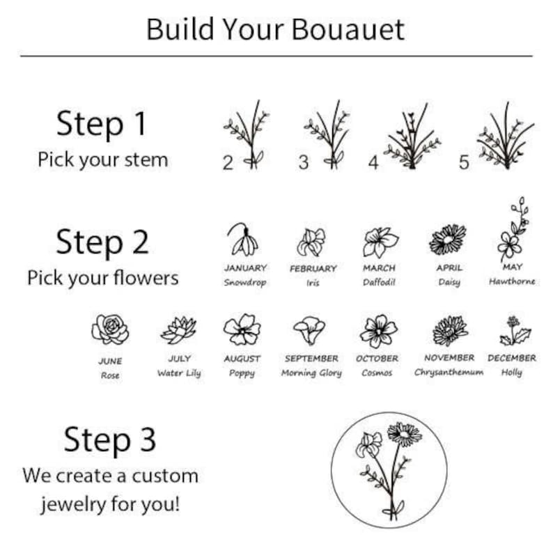 May include: A black and white illustration showing how to build a custom bouquet. The illustration shows different stem options and flowers for each month of the year. The text reads "Build Your Bouquet", "Step 1 Pick your stem", "Step 2 Pick your flowers", and "Step 3 We create a custom jewelry for you!"