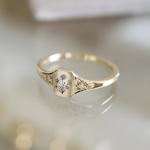 Anillo de oro con flor de nacimiento personalizada, anillos de flores llamativos, anillo delicado con flores de nacimiento para mujer, anillo de flores personalizado, anillo minimalista